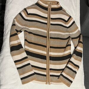 Old Navy Beige, Black & Cream Striped Ribbed Zip-Up Sweater